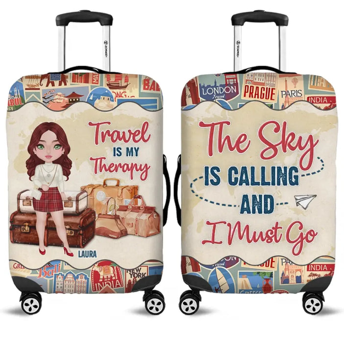 Custom Personalized Traveling Girl Suitcase Luggage Cover - Gift For Girl/ Traveling Lovers - Travel Is My Therapy