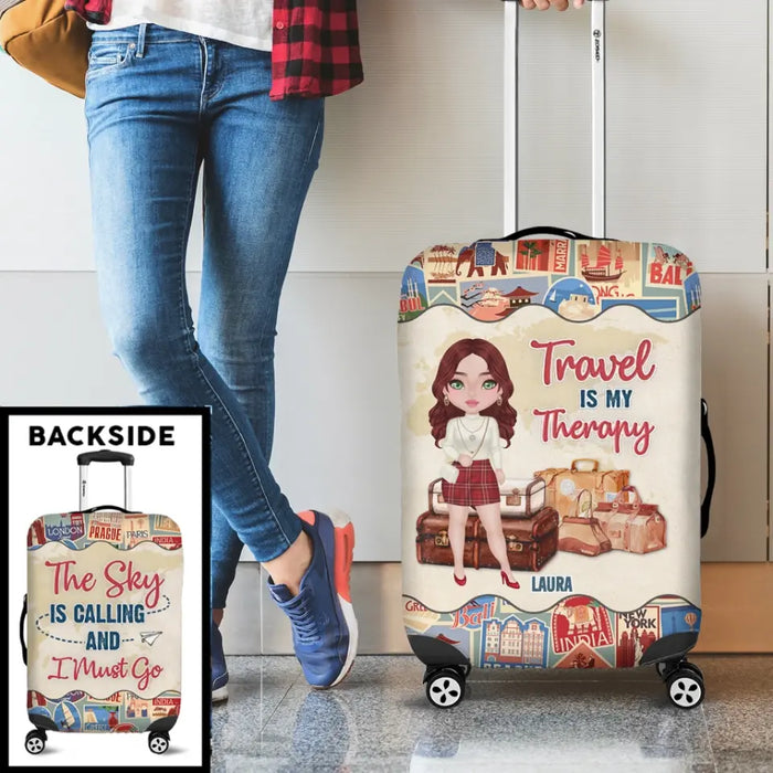 Custom Personalized Traveling Girl Suitcase Luggage Cover - Gift For Girl/ Traveling Lovers - Travel Is My Therapy