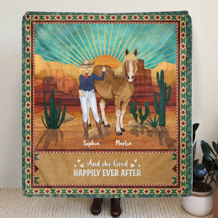 Custom Personalized Horse Girl Quilt/Single Layer Fleece Blanket - Gift Idea For Girl/Horse Lovers - Upto 5 Horses - And She Lived Happily Ever After