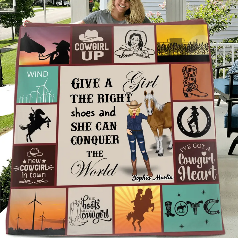 Personalized Horse Girl Quilt/Fleece Throw Blanket - Gift Idea For Girl/Horse Lovers - Give A Girl The Right Shoes