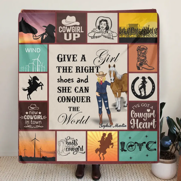 Custom Personalized Horse Girl Quilt/Single Layer Fleece Blanket - Gift Idea For Girl/Horse Lovers - Give A Girl The Right Shoes