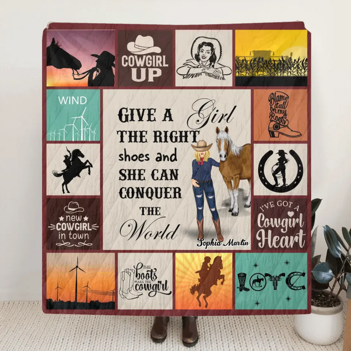 Custom Personalized Horse Girl Quilt/Single Layer Fleece Blanket - Gift Idea For Girl/Horse Lovers - Give A Girl The Right Shoes