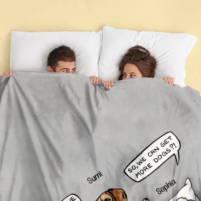 Custom Personalized Couple With Dogs Quilt/ Fleece Throw Blanket - Gift Idea For Dog Lovers - Upto 5 Dogs - We Can Get More Dogs