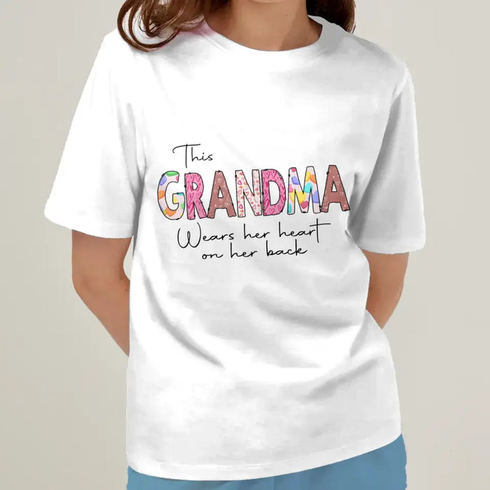 Custom Personalized Grandma AOP T-Shirt - Upto 6 Kids - Mother's Day Gift Idea For Grandma - This Grandma Wears Her Heart On Her Back