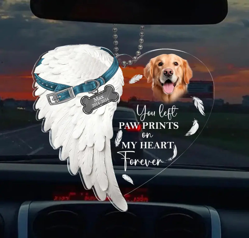 Personalized Memorial Heart Wings Acrylic Car Ornament - Upload Photo - Memorial Gift For Dog Lover - You Left Paw Prints On My Heart Forever