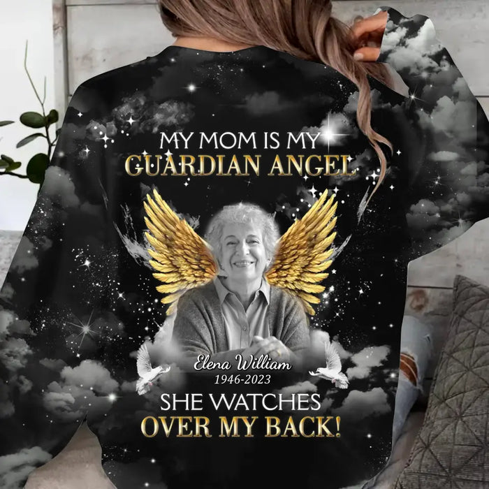 Custom Personalized Memorial Mom AOP Sweater - Upload Photo - Memorial Gift Idea For Family Member/ Mother's Day - My Mom Is My Guardian Angel She Watches Over My Back