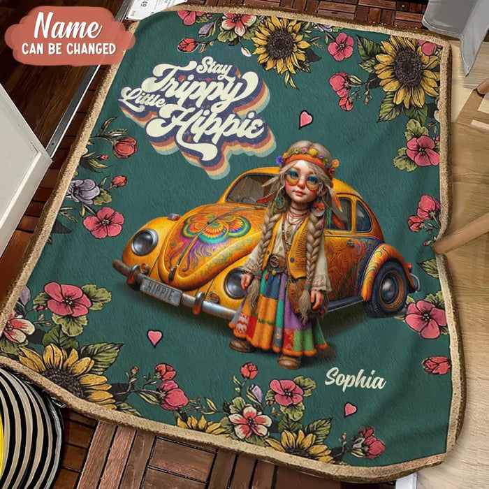 Custom Personalized Hippie Girl Quilt/Fleece Throw Blanket - Holidays Vintage Inspirational Sublimation Gift Idea - Stay Trippy Little Hippie