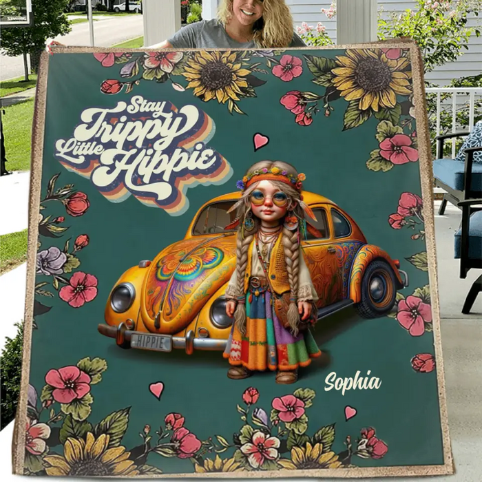 Custom Personalized Hippie Girl Quilt/Fleece Throw Blanket - Holidays Vintage Inspirational Sublimation Gift Idea - Stay Trippy Little Hippie