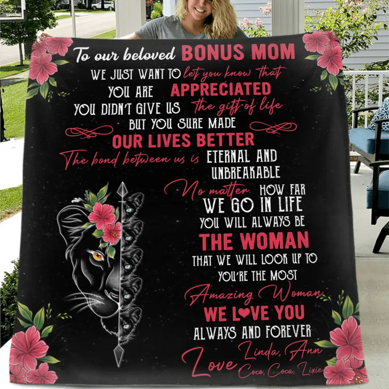 Personalized Mom & Children Quilt/Fleece Throw Blanket - Mother's Day Gift Idea To Mom - Up to 5 Children - To Our Beloved Bonus Mom