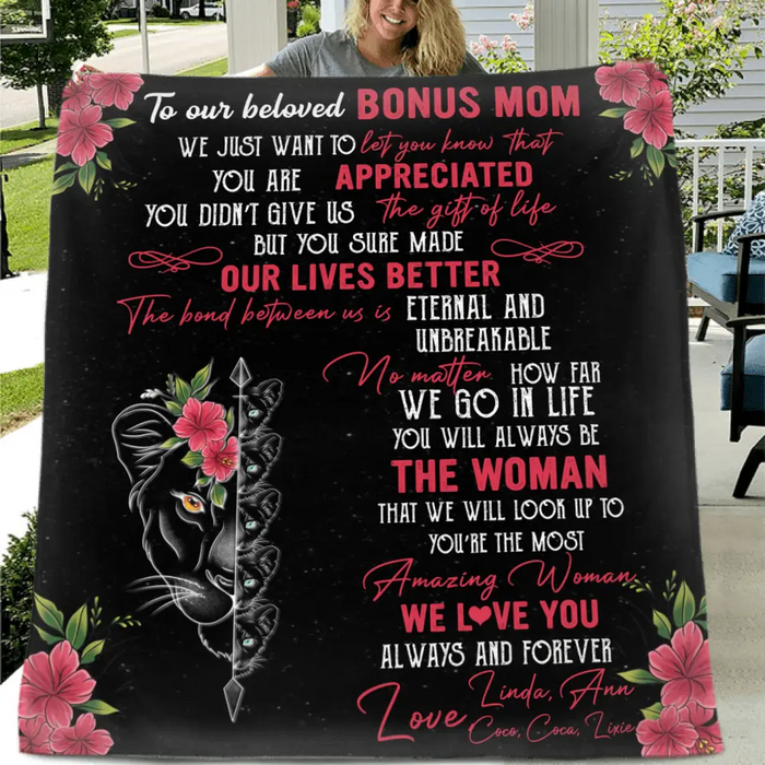 Custom Personalized Mom & Children Quilt/ Fleece Throw Blanket - Mother's Day Gift Idea To Mom - Upto 5 Children - To Our Beloved Bonus Mom