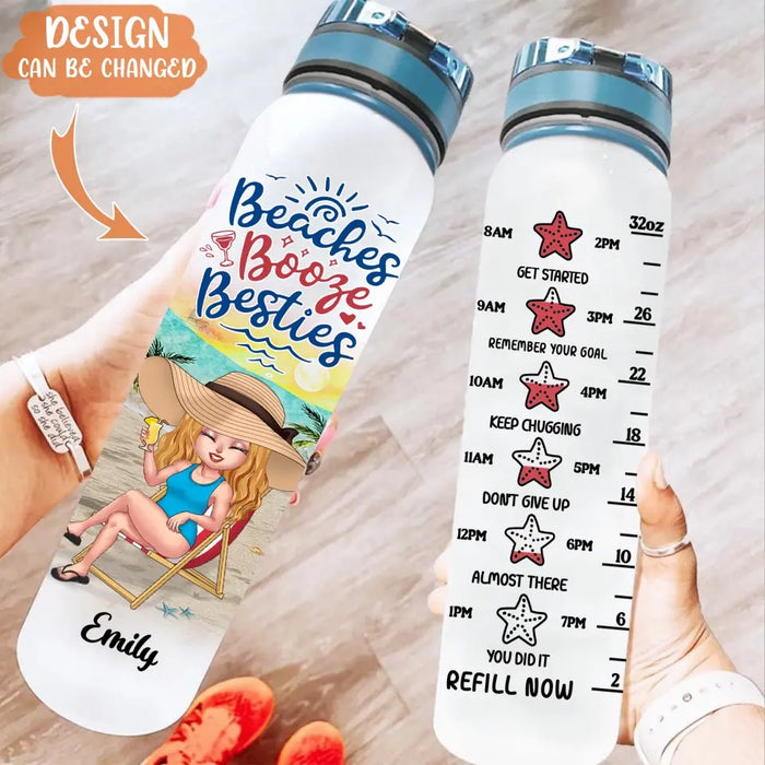 Custom Personalized Beach Camping Water Tracker Bottle - Gift Idea For Best Friends/ Beach Lovers with up to 5 Women - Beach Booze Besties