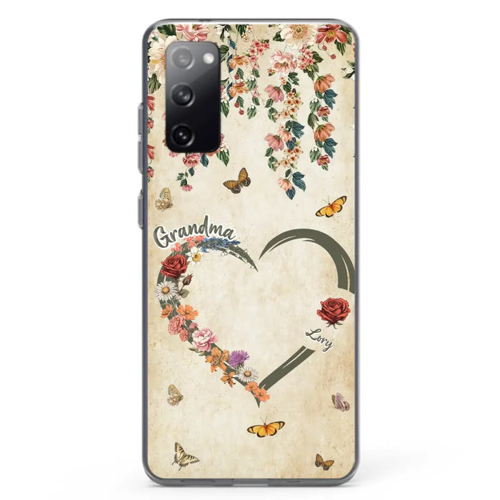 Custom Personalized Floral Heart Grandma Mom Vintage Birth Month Flower Phone Case - Up to 10 Kids - Mother's Day Gift Idea for Mom/Grandma - Case For iPhone/ Samsung