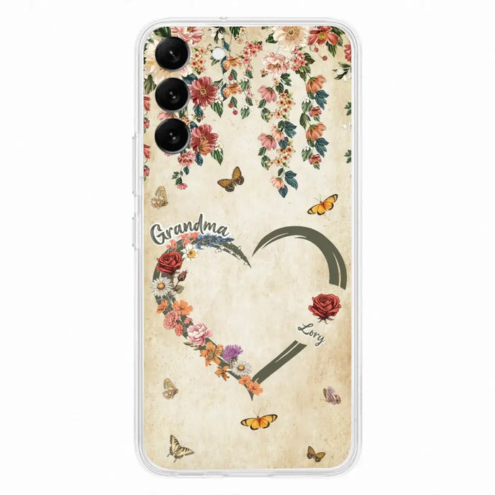 Custom Personalized Floral Heart Grandma Mom Vintage Birth Month Flower Phone Case - Up to 10 Kids - Mother's Day Gift Idea for Mom/Grandma - Case For iPhone/ Samsung