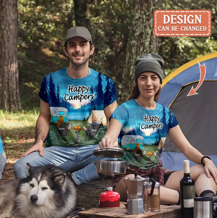 Custom Personalized Camping AOP T-Shirt - Couple/ Parents With Pets And Kids - Gift For Camping Lover/ Couple/ Family - Making Memories One Campsite At A Time