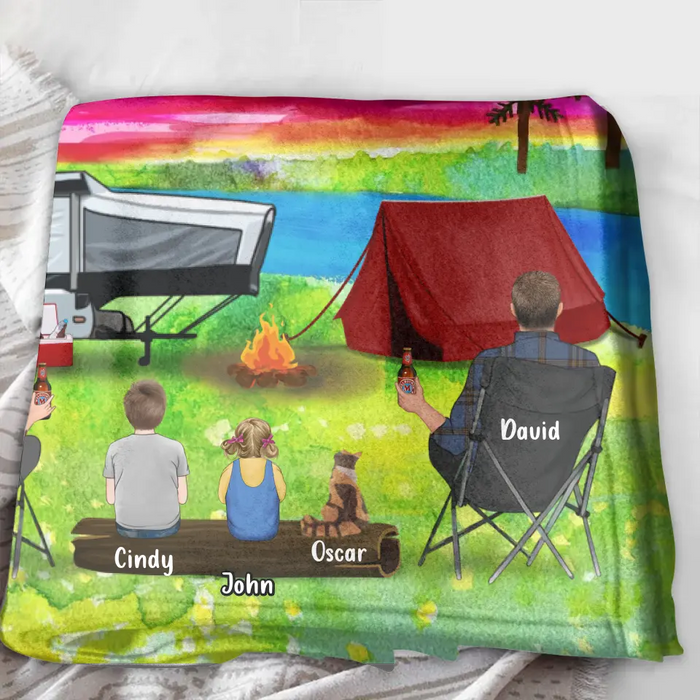 Personalized Watercolor Camping Quilt/Fleece Throw Blanket - Gift Idea For Family/Camping Lover - Couple/ Parents/ Single Parent With Up to 3 Kids And 4 Pets - Making Memories One Campsite At A Time