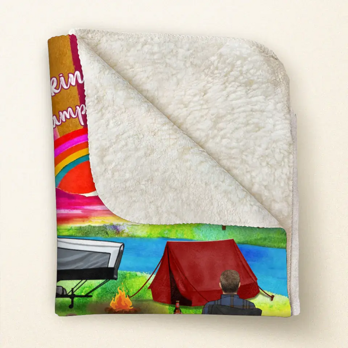 Personalized Watercolor Camping Quilt/Fleece Throw Blanket - Gift Idea For Family/Camping Lover - Couple/ Parents/ Single Parent With Up to 3 Kids And 4 Pets - Making Memories One Campsite At A Time