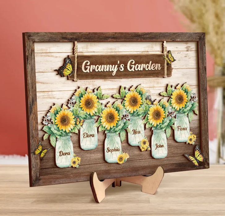 Custom Personalized Granny's Garden 2 Layered Wooden Art - Up to 10 Kids - Mother's Day Gift Idea For Mom/ Grandma