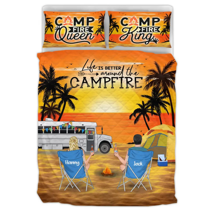 Personalized New Beach Camping Quilt Bed Sets - Gift for Whole Family, Camping Lovers - Couple/Parents With Up To 5 Pets, 4 Kids - Life Is Better Around The Campfire