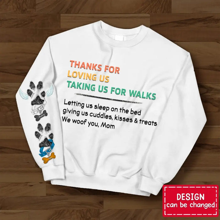 Custom Personalized Dog Mom AOP Sweater - Upto 5 Dogs - Mother's Day Gift Idea For Dog Lover - Thanks For Loving Me Taking Me For Walks