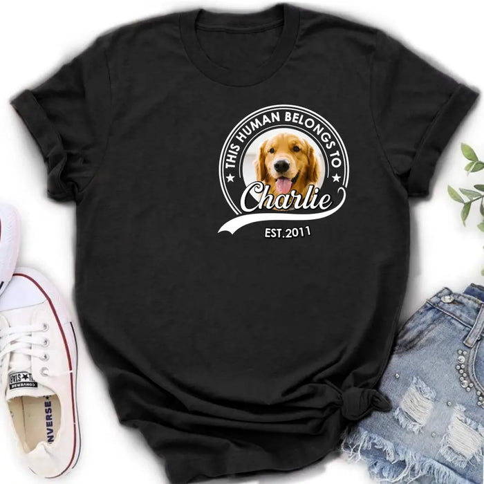 Custom Personalized Pet Mom/ Pet Dad Shirt/ Hoodie - Upload Photo - Gift Idea For Pet Lover/ Mother's Day/ Father's Day - This Human Belongs To