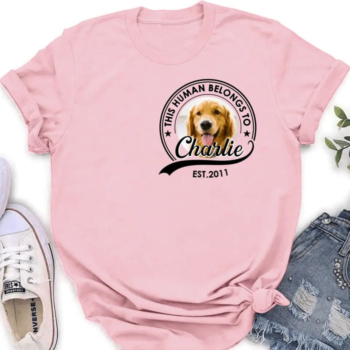 Custom Personalized Dog Shirt/ Hoodie - Upload Photo - Gift Idea For Dog Lover/ Mother's Day/Father's Day - This Human Belongs To