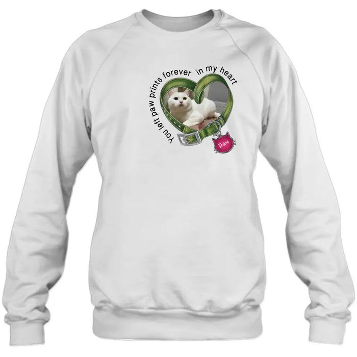 Custom Personalized Memorial Cat Collar T-shirt/ Hoodie - Upload Photo - Gift Idea For Cat Lover/ Mother's Day/Father's Day - You Left Paw Prints Forever In My Heart