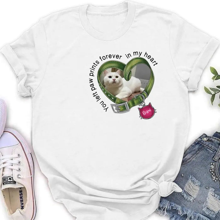 Custom Personalized Memorial Cat Collar T-shirt/ Hoodie - Upload Photo - Gift Idea For Cat Lover/ Mother's Day/Father's Day - You Left Paw Prints Forever In My Heart