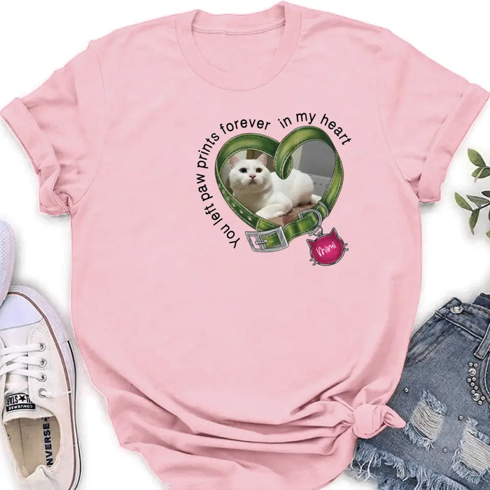 Custom Personalized Memorial Cat Collar T-shirt/ Hoodie - Upload Photo - Gift Idea For Cat Lover/ Mother's Day/Father's Day - You Left Paw Prints Forever In My Heart