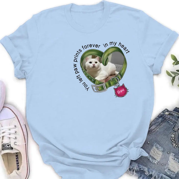 Custom Personalized Memorial Cat Collar T-shirt/ Hoodie - Upload Photo - Gift Idea For Cat Lover/ Mother's Day/Father's Day - You Left Paw Prints Forever In My Heart