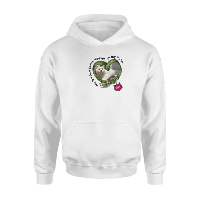 Custom Personalized Memorial Cat Collar T-shirt/ Hoodie - Upload Photo - Gift Idea For Cat Lover/ Mother's Day/Father's Day - You Left Paw Prints Forever In My Heart