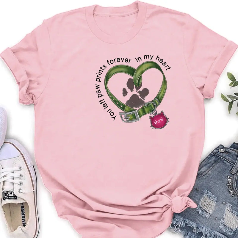 Personalized Memorial Cat Collar Pawprints T-shirt/Hoodie - Gift Idea For Cat Lover/Mother's Day/Father's Day - You Left Paw Prints Forever In My Heart