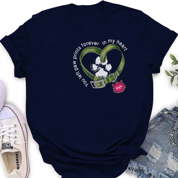 Custom Personalized Cat Collar Pawprints T-shirt/ Hoodie - Memorial Gift Idea For Cat Lover/ Mother's Day/Father's Day - You Left Paw Prints Forever In My Heart