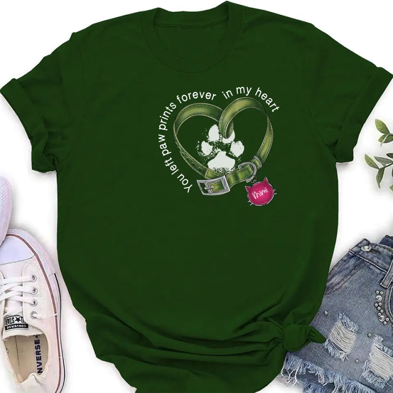 Personalized Cat Collar Pawprints T-shirt/Hoodie - Memorial Gift Idea For Cat Lover/Mother's Day/Father's Day - You Left Paw Prints Forever In My Heart