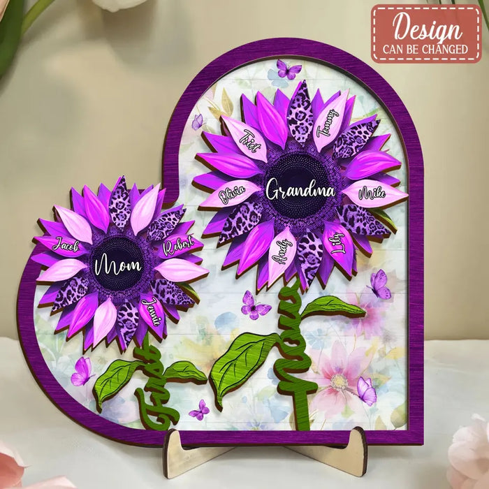 Custom Personalized First Mom Now Grandma Leopard Sunflower 2 Layered Wooden Art - Upto 15 Kids And 15 Grandkids - Mother's Day Gift Idea For Grandma/ Mom