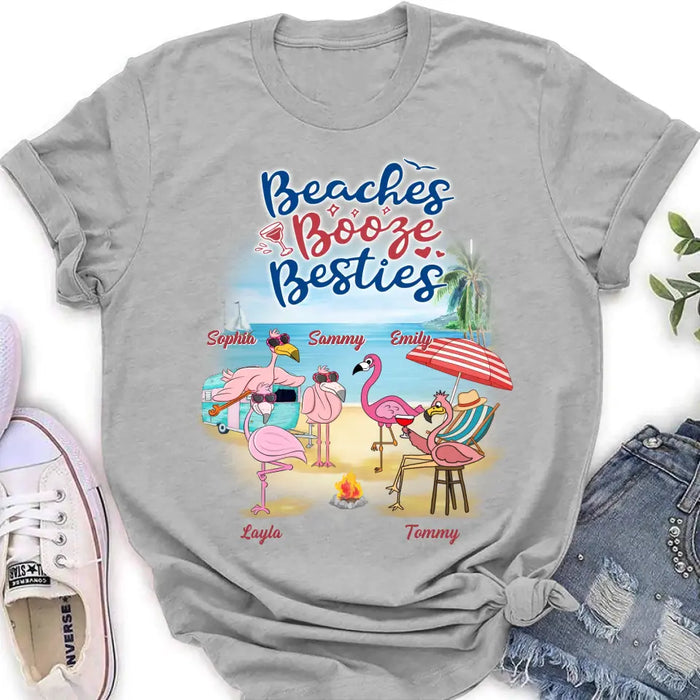 Custom Personalized Beach Besties Shirt/ Hoodie - Gift Idea For Besties/Friends/Beach Lovers - Upto 5 Flamingos  - Beaches Booze Besties