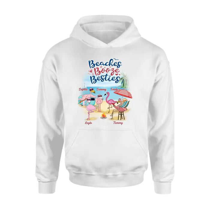 Custom Personalized Beach Besties Shirt/ Hoodie - Gift Idea For Besties/Friends/Beach Lovers - Upto 5 Flamingos  - Beaches Booze Besties