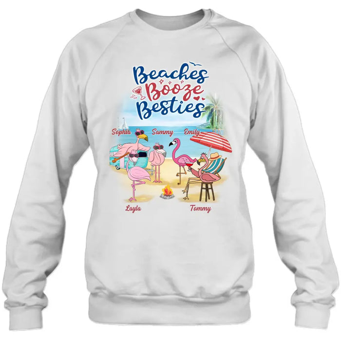Custom Personalized Beach Besties Shirt/ Hoodie - Gift Idea For Besties/Friends/Beach Lovers - Upto 5 Flamingos  - Beaches Booze Besties