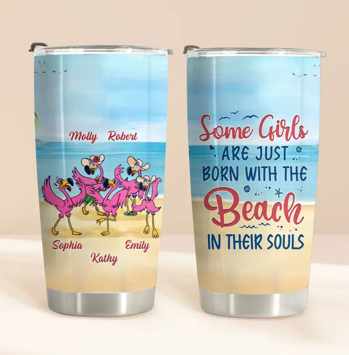 Custom Personalized Beach Besties Tumbler - Gift Idea For Besties/Friends/Beach Lovers - Upto 5 Flamingos - Beach In Their Souls
