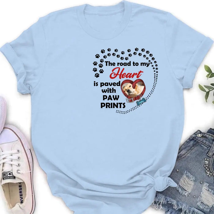 Custom Personalized Dog Collar Shirt/ Hoodie - Upload Photo - Memorial Gift Idea For Dog Lover/ Mother's Day/Father's Day - The Road To My Heart Is Paved With Paw Prints