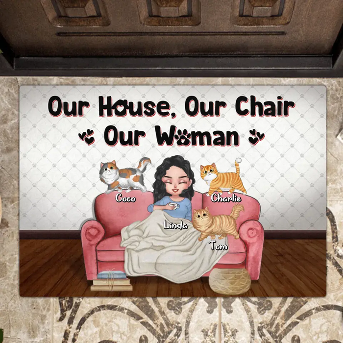 Custom Personalized Cat Mom Doormat - Gifts For Cat Lovers With Upto 7 Cats/Mother's Day - Our House Our Chair Our Woman