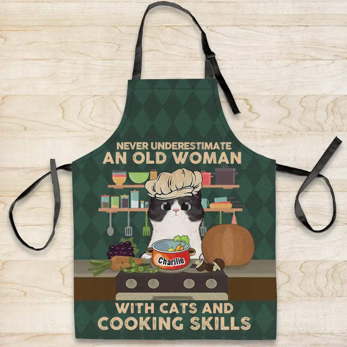 Custom Personalized Cat Mom/ Cat Dad Fashion Home Pocketless Apron - Upto 3 Cats - Gift Idea for Cat Lovers/ Cooking Lover - Never Underestimate An Old Man With Cats And Cooking Skills