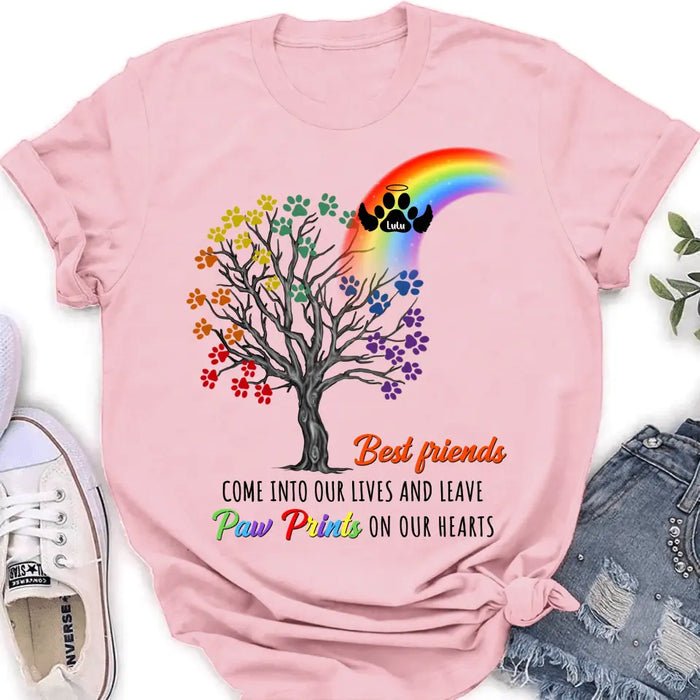 Custom Personalized Rainbow Bridge Memorial Shirt/ Hoodie - Memorial Gift Idea For Dog Lover - Upto 4 Dogs - Best Friends Come Into Our Lives And Leave Paw Prints On Our Hearts