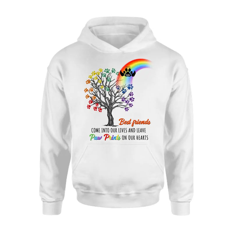 Personalized Rainbow Bridge Memorial Shirt/Hoodie - Memorial Gift Idea For Dog Lover - Up to 4 Dogs - Best Friends Come Into Our Lives And Leave Paw Prints On Our Hearts