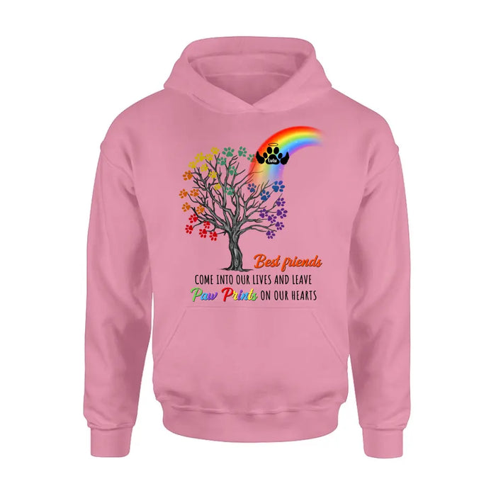 Custom Personalized Rainbow Bridge Memorial Shirt/ Hoodie - Memorial Gift Idea For Dog Lover - Upto 4 Dogs - Best Friends Come Into Our Lives And Leave Paw Prints On Our Hearts