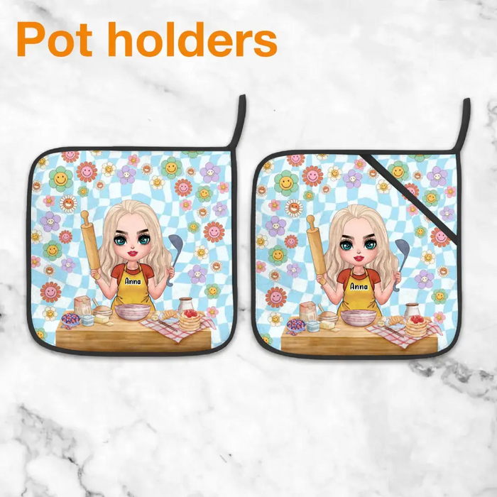 Custom Personalized Cooking Girl Heat Resistant Oven Mitts With Pot Holders - Gift Idea for Mother's Day/ Cooking Lover - The Kitchen Is The Heart Of The Home