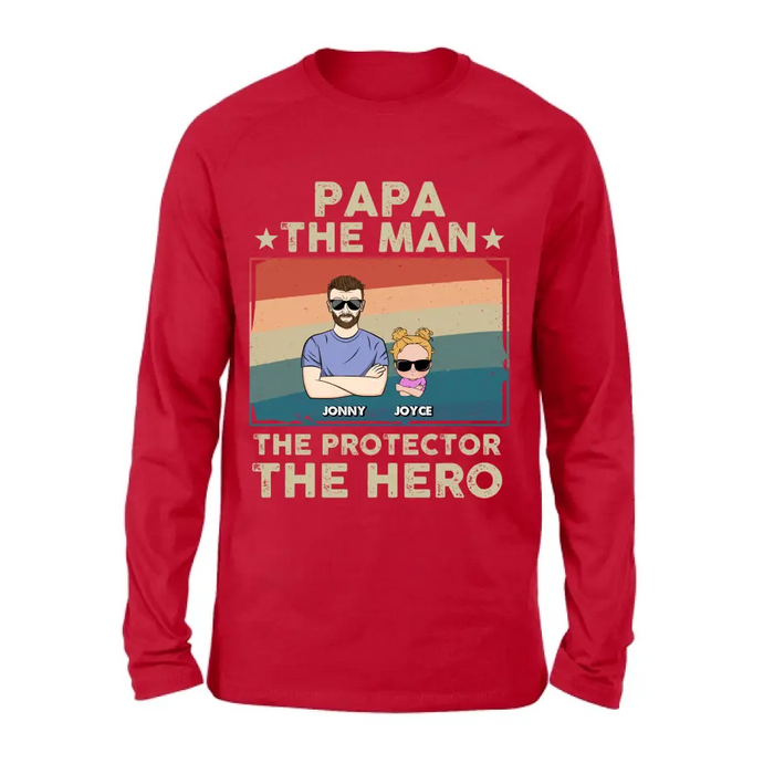 Custom Personalized Grandpa Shirt/Hoodie - Grandpa with up to 9 Grandchildren - Father's Day Gift Idea for Grandpa - Papa The Man The Protector The Hero