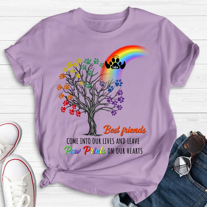 Custom Personalized Rainbow Bridge Memorial Shirt/ Hoodie - Memorial Gift Idea For Dog Lover - Upto 4 Dogs - Best Friends Come Into Our Lives And Leave Paw Prints On Our Hearts