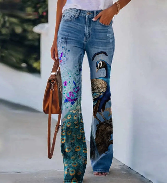 Peacock All-Over Print Women's Skinny Flare Pants - Mother's Day/ Birthday Gift Idea