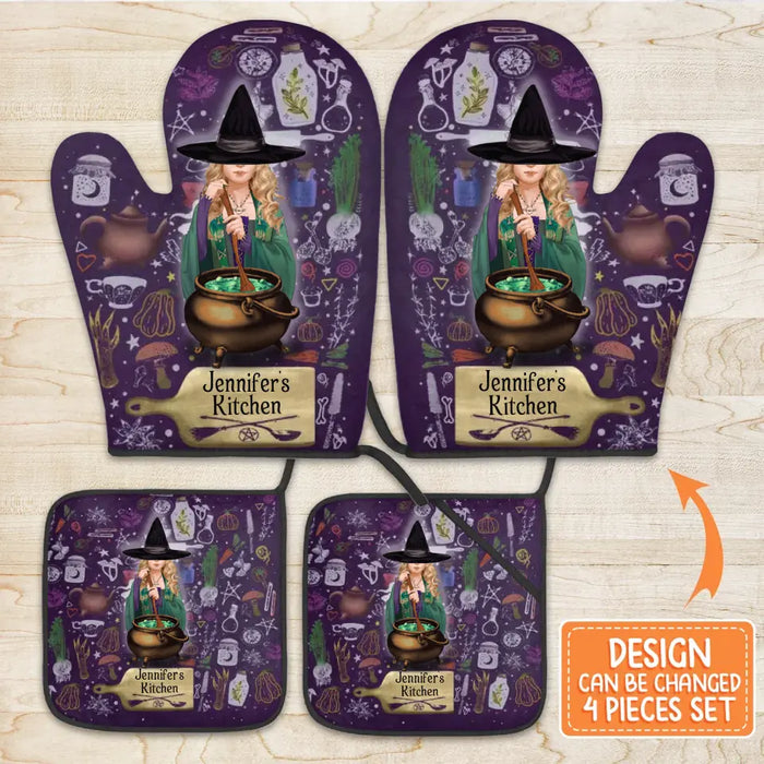 Custom Personalized Witch Heat Resistant Oven Mitts With Pot Holders - Gift Idea for Witch Lover