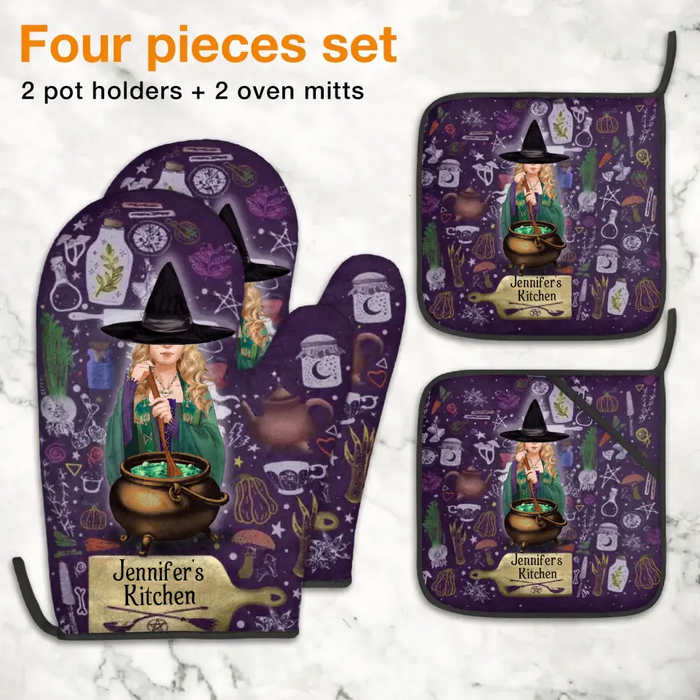 Custom Personalized Witch Heat Resistant Oven Mitts With Pot Holders - Gift Idea for Witch Lover